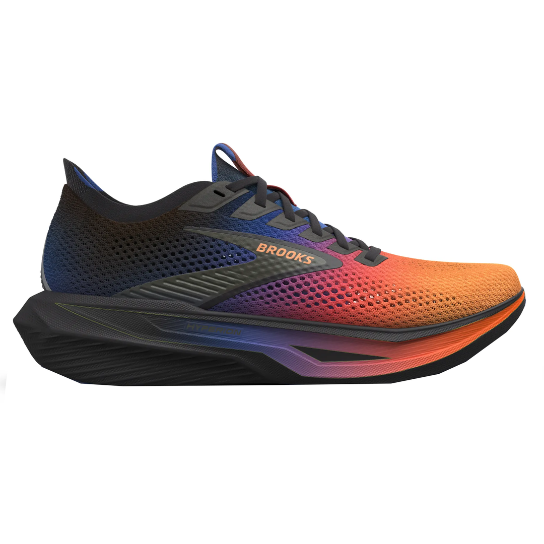 Side view on white background of Mens Brooks Hyperion 3 running shoe in Blue/Coral/Papaya, Medium (Regular) width