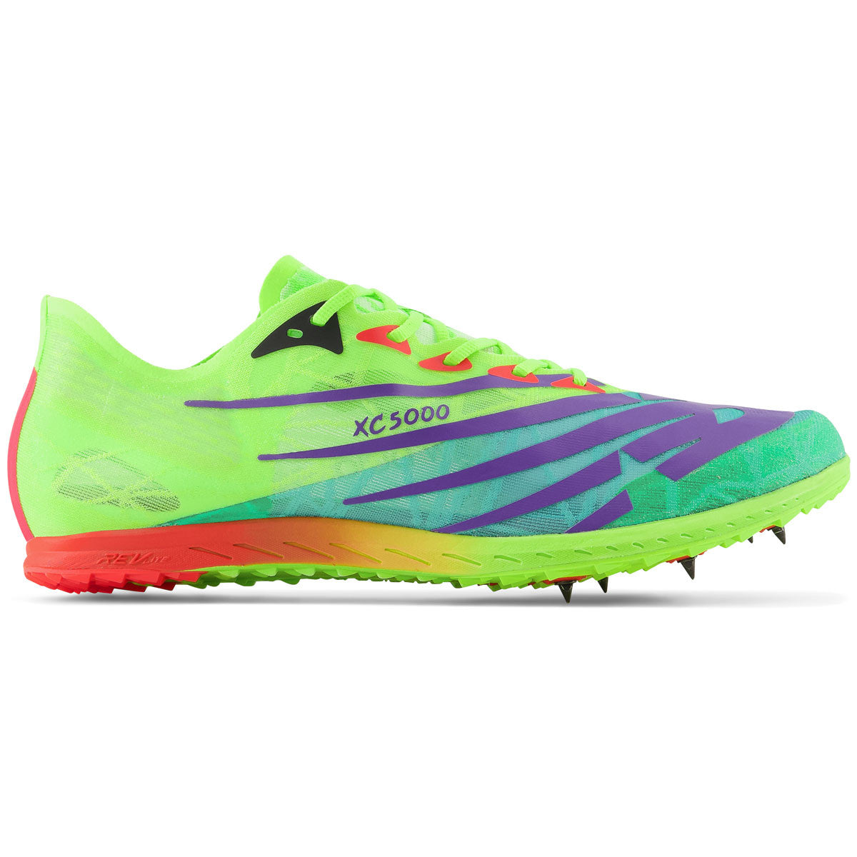 Side view on white background of Mens New Balance XC 5K V6 running shoe in Cyber Jade/Pixel Green, Medium (Regular) width