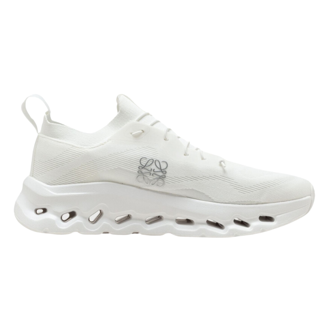 Side view on white background of Womens On Cloudtilt Loewe running shoe in All White, Medium (Regular) width