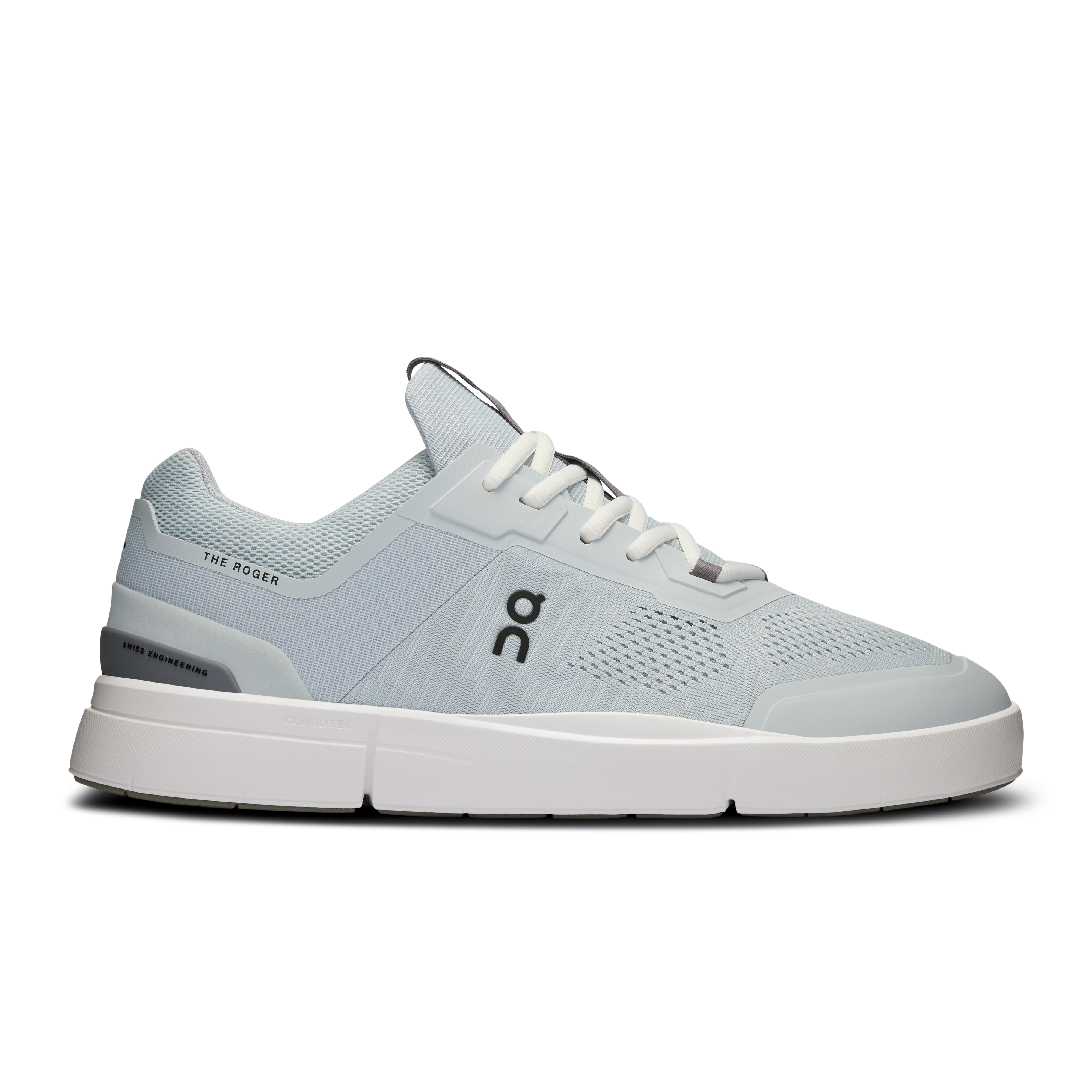 Side view on white background of Mens On The Roger Spin 2 running shoe in Glacier/Asphalt, Medium (Regular) width