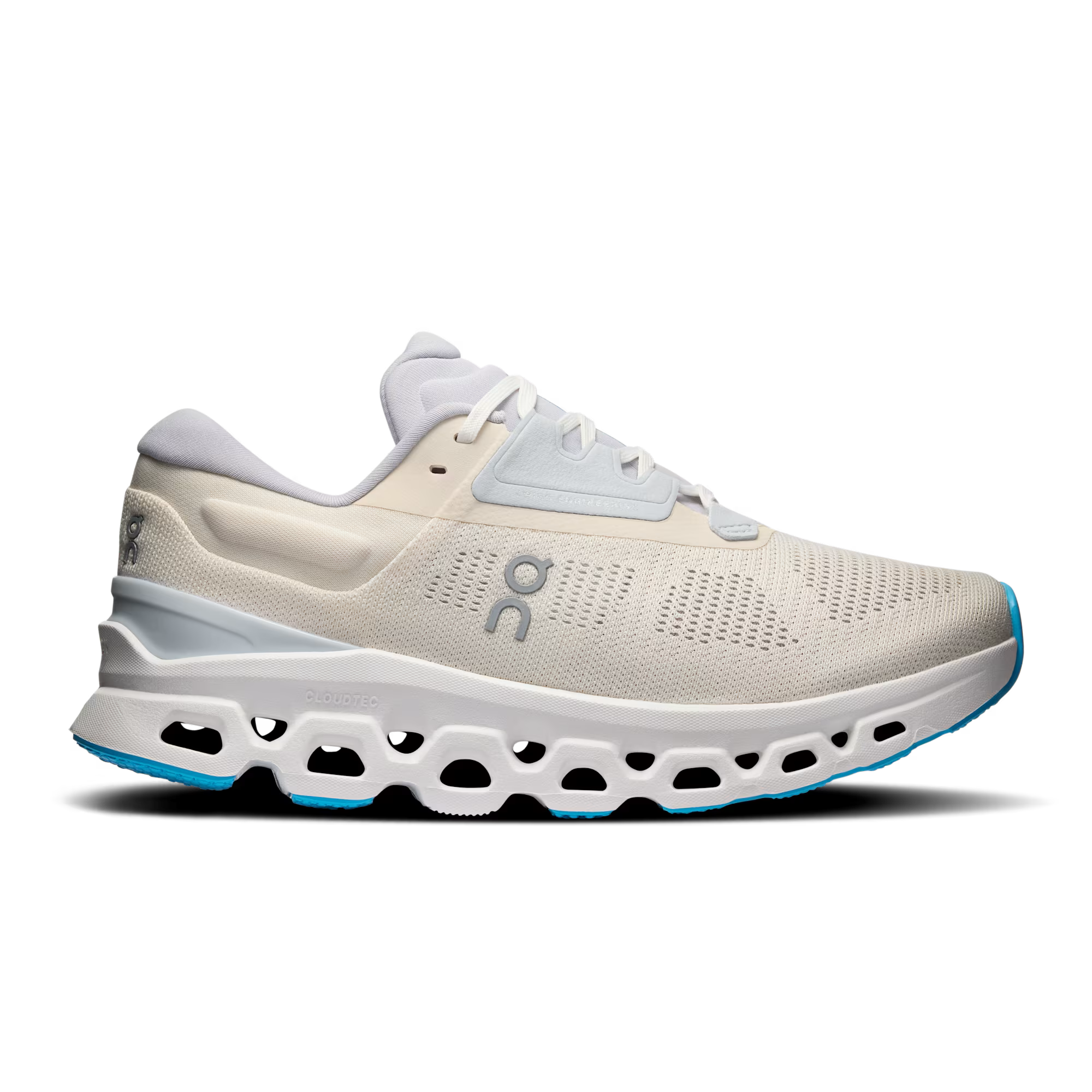 Side view on white background of Womens On Cloudstratus 3 running shoe in Cream/Arctic, Medium (Regular) width
