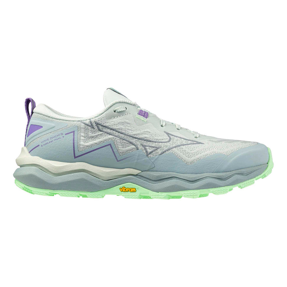 Side view on white background of Womens Mizuno Wave Daichi 9 running shoe in Hint Of Mint/Citadel, Medium (Regular) width
