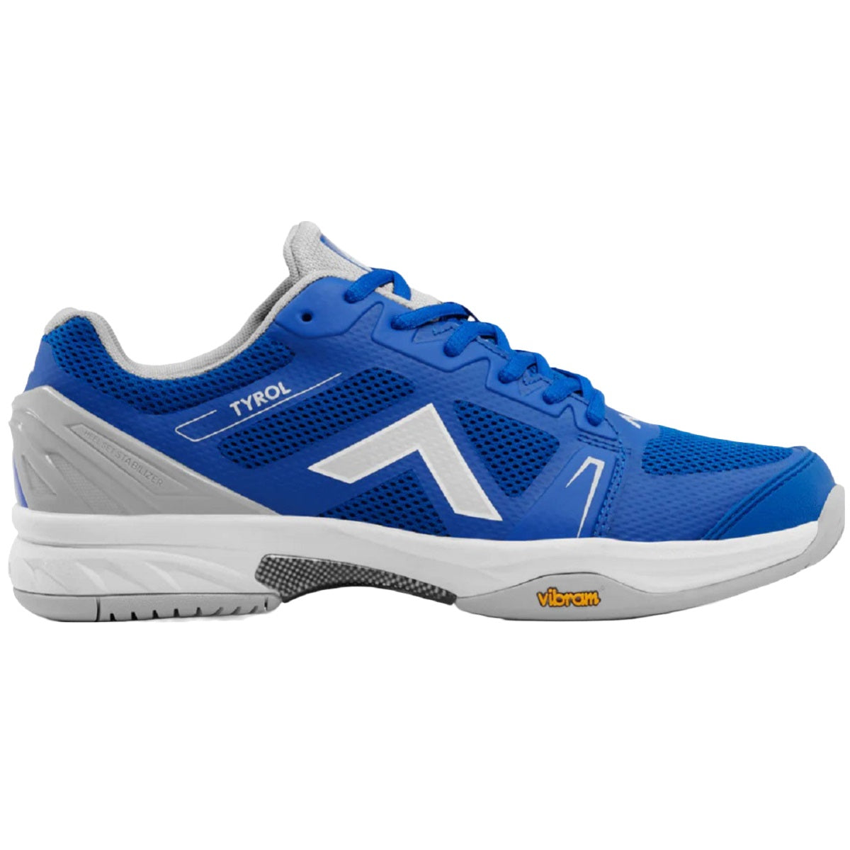 Side view on white background of Mens Tyrol Drive V running shoe in Blue/Grey, Medium (Regular) width