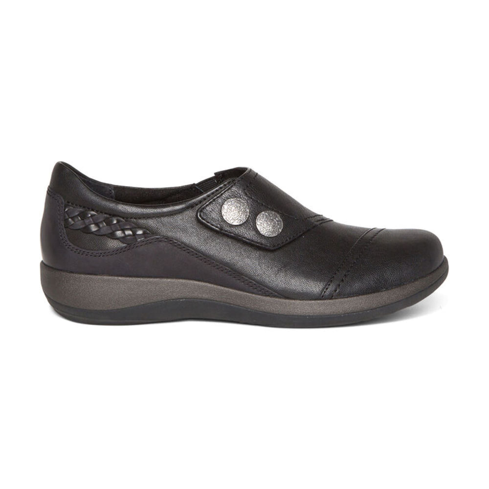 Side view on white background of Womens Aetrex Karina Monk Strap running shoe in Black, Wide width