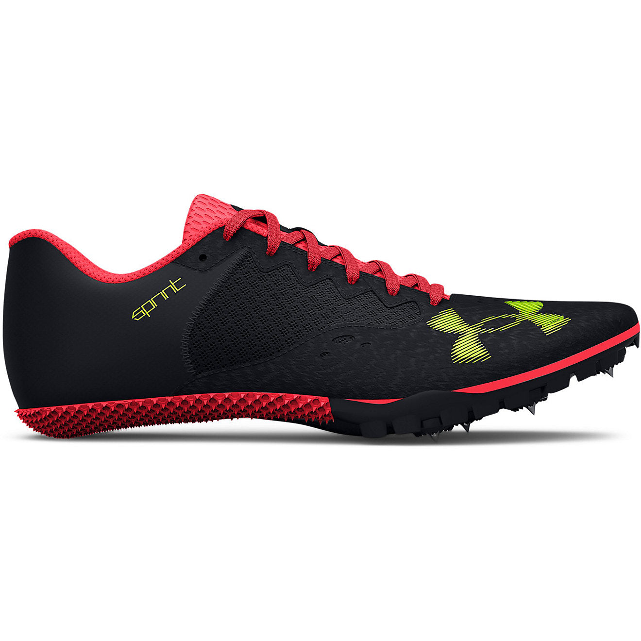 Side view on white background of Mens Under Armour Kick Sprint 4 running shoe in Black/Red, Medium (Regular) width