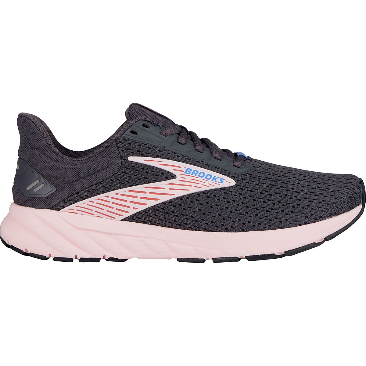 Side view on white background of Womens Brooks Anthem 6 running shoe in Blackened Pearl and Pink and Rose, Medium width