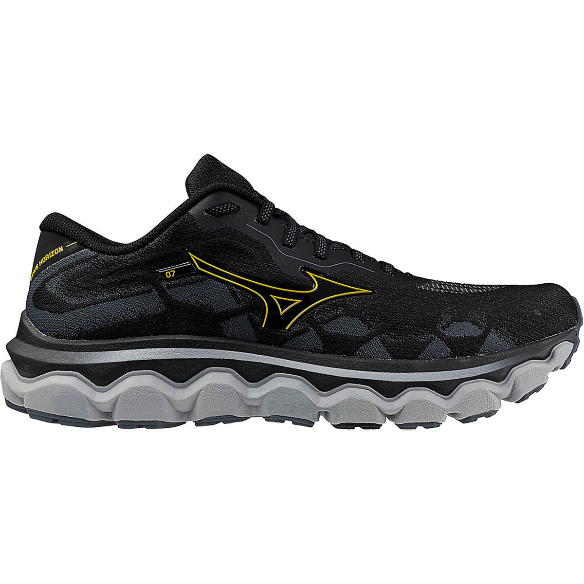 Side view on white background of Mens Mizuno Wave Horizon 7 running shoe in Black/Citrus, Medium (Regular) width