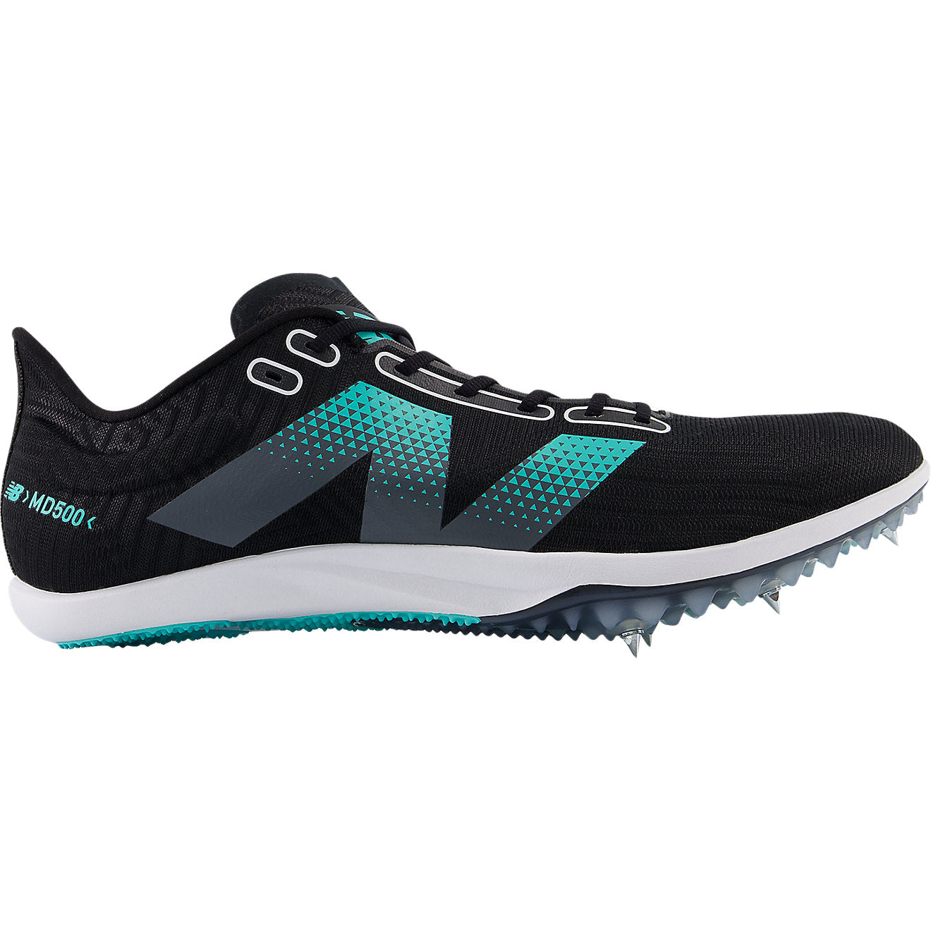 Side view on white background of Mens New Balance FuelCell MD500 v9 running shoe in Black/Graphite, Medium (Regular) width