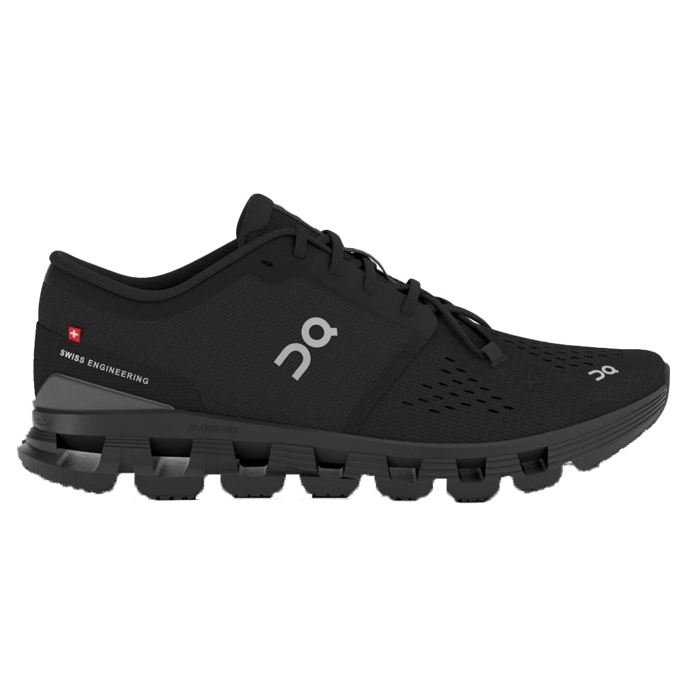 Side view on white background of Mens On Cloud X 4 running shoe in Black/Eclipse, Medium (Regular) width