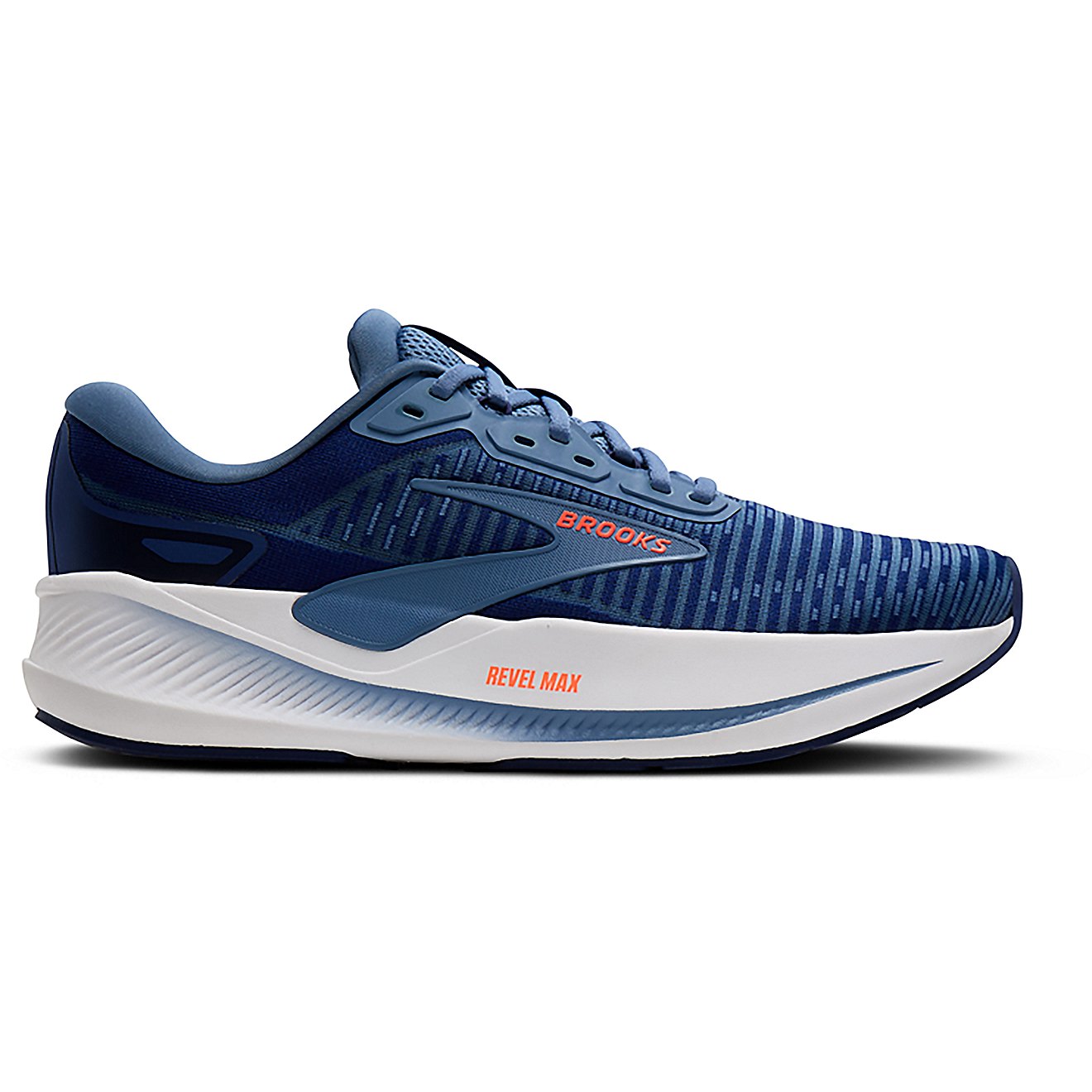 Side view on white background of Mens Brooks Revel Max running shoe in Beacon Blue/Moonlight/Orange, Medium (Regular) width