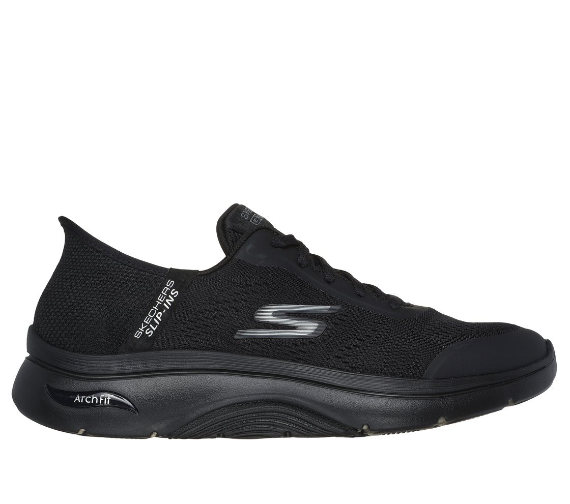 Side view on white background of Mens Skechers Go Walk Arch Fit 2.0 - Simplicity 2 running shoe in Black, Medium (Regular) width