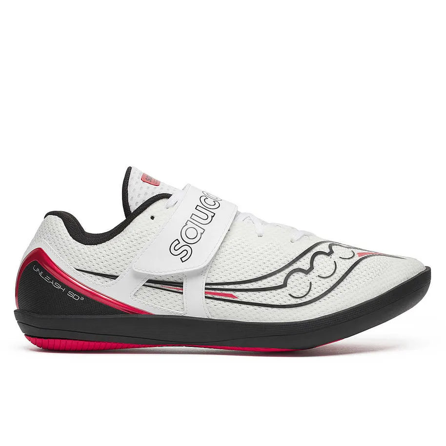 Side view on white background of Mens Saucony Unleash SD 3 running shoe in White/Black, Medium (Regular) width
