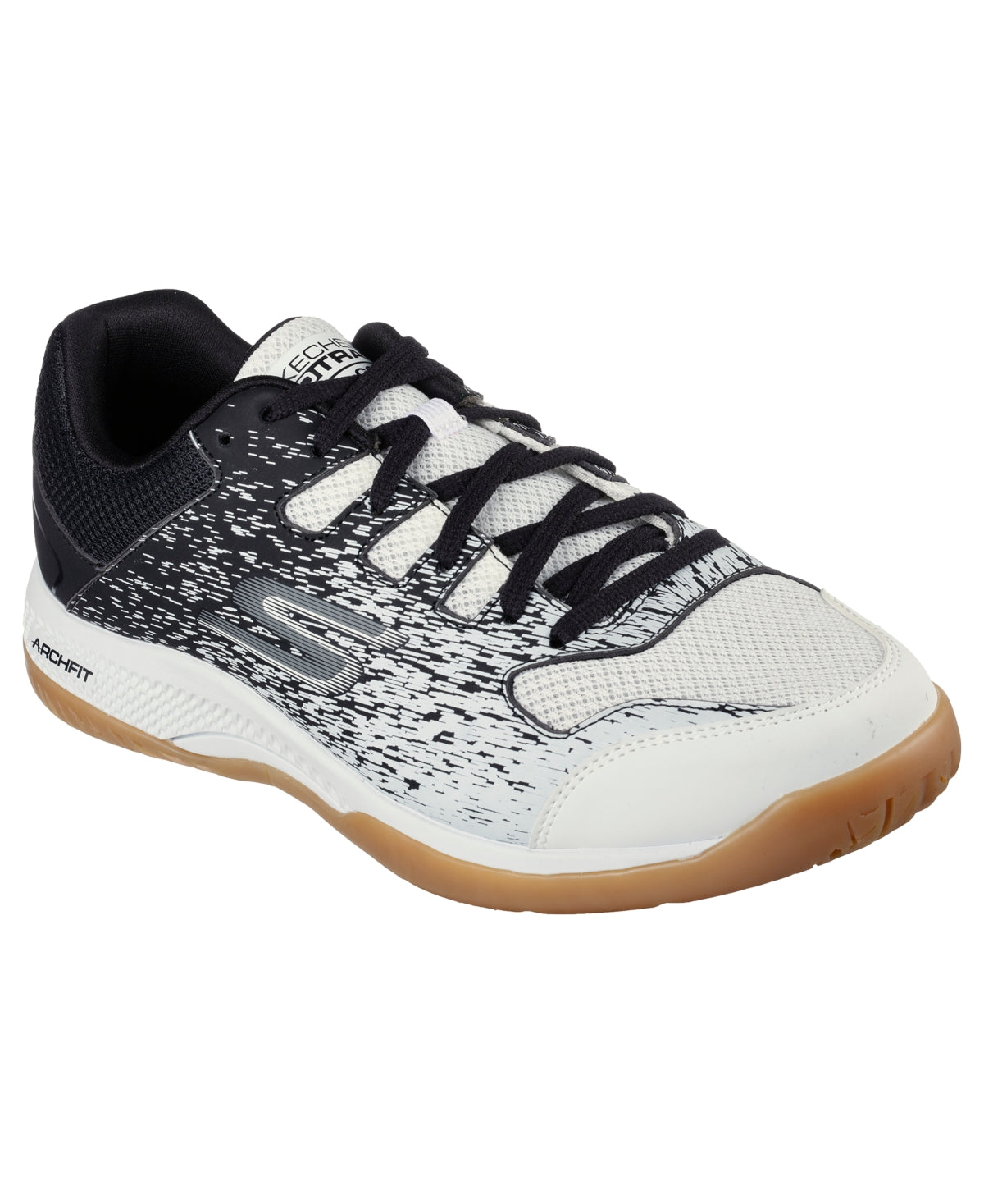 Side view on white background of Mens Skechers Viper Court running shoe in White/Black, Medium (Regular) width
