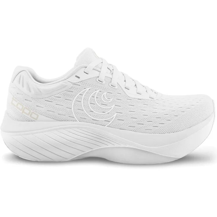 Side view on white background of Womens Topo Athletic Atmos running shoe in White/White, Medium (Regular) width