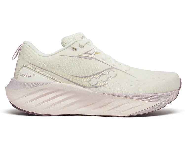 Side view on white background of Womens Saucony Triumph 22 running shoe in Vanilla, Medium (Regular) width