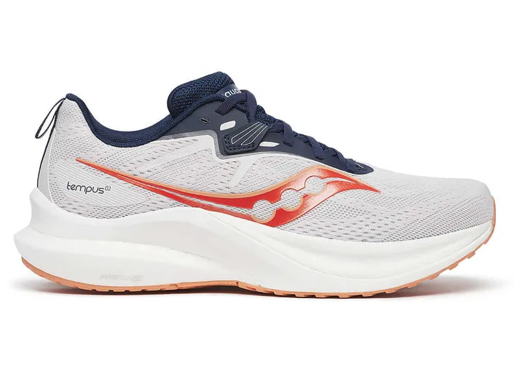 Side view on white background of Mens Saucony Tempus 2 running shoe in Cloud/Navy, Medium (Regular) width