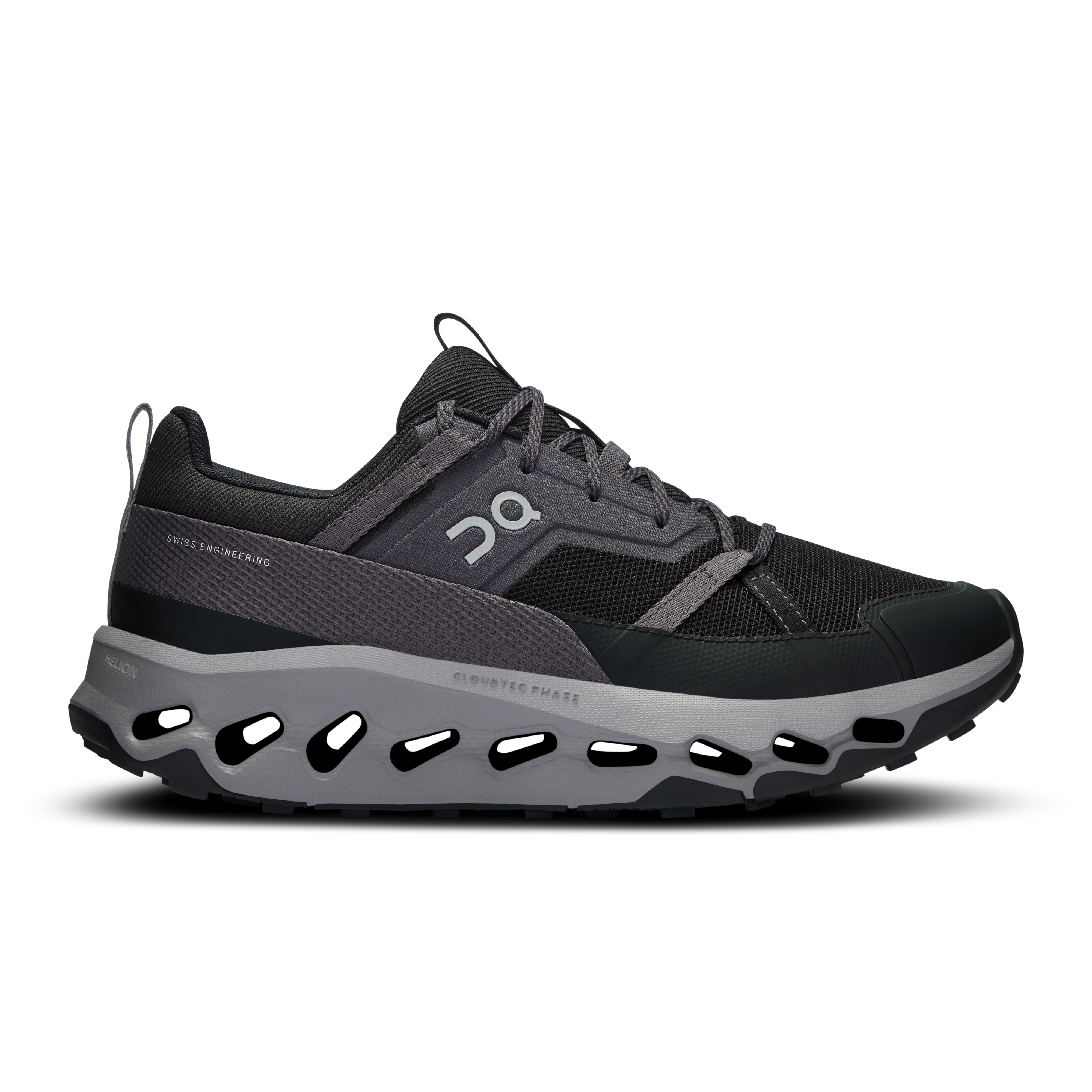 Side view on white background of Womens On Cloudhorizon running shoe in Black/Alloy, Medium (Regular) width