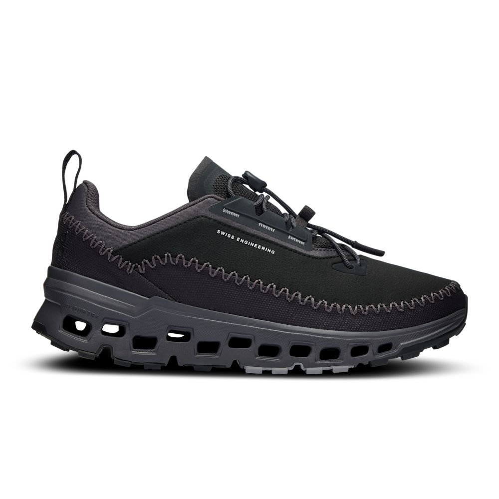 Side view on white background of Mens On Cloudaway 2 running shoe in Black/Eclipse, Medium (Regular) width
