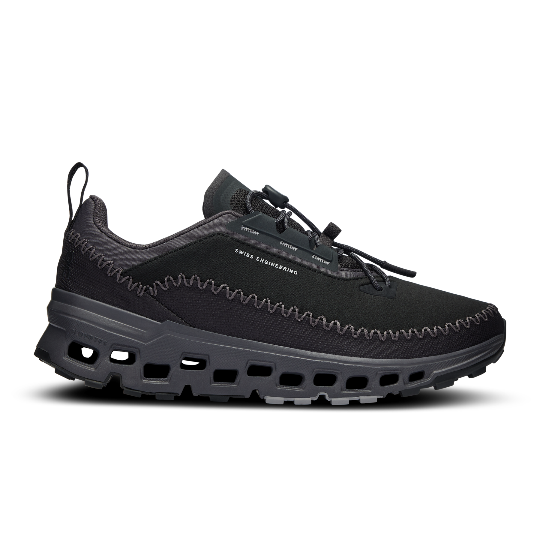 Side view on white background of Womens On Cloudaway 2 running shoe in Black/Eclipse, Medium (Regular) width