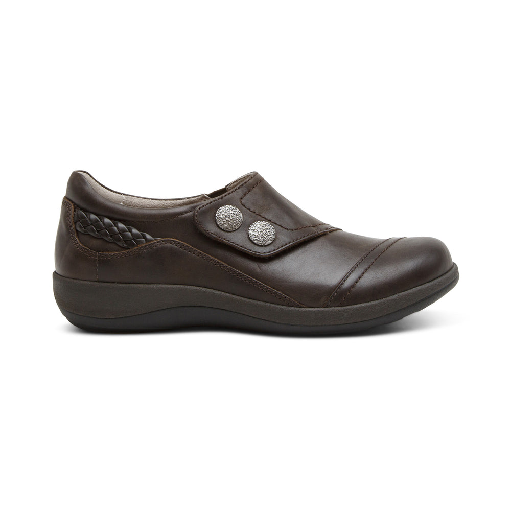 Side view on white background of Womens Aetrex Karina Monk Strap running shoe in Iron, Medium (Regular) width