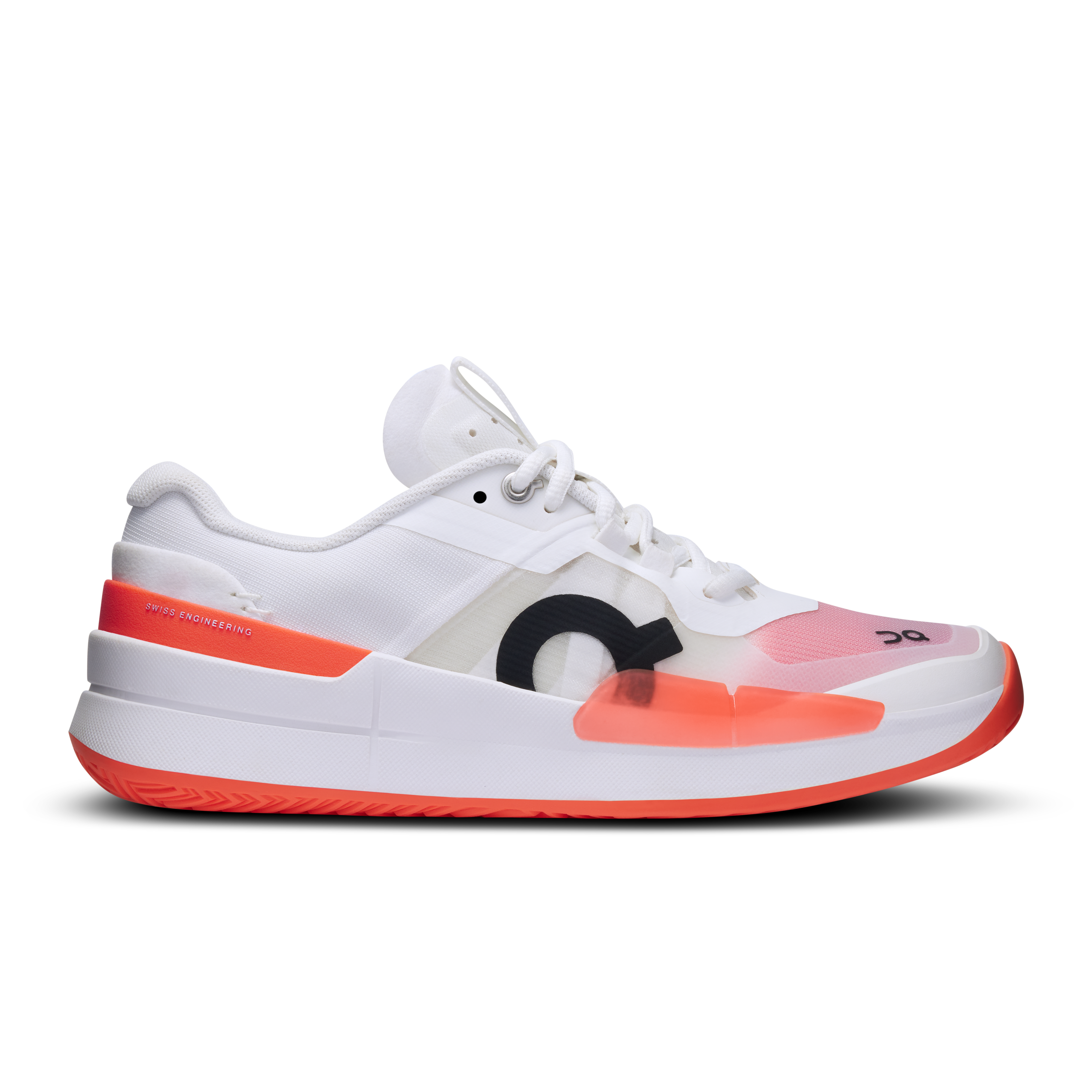 Side view on white background of Womens On The Roger Pro 2 running shoe in White/Flame, Medium (Regular) width
