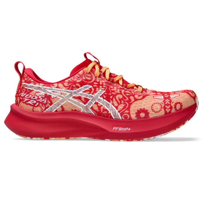 Side view on white background of Mens Asics Noosa Tri 16 running shoe in Samba/White, Medium (Regular) width