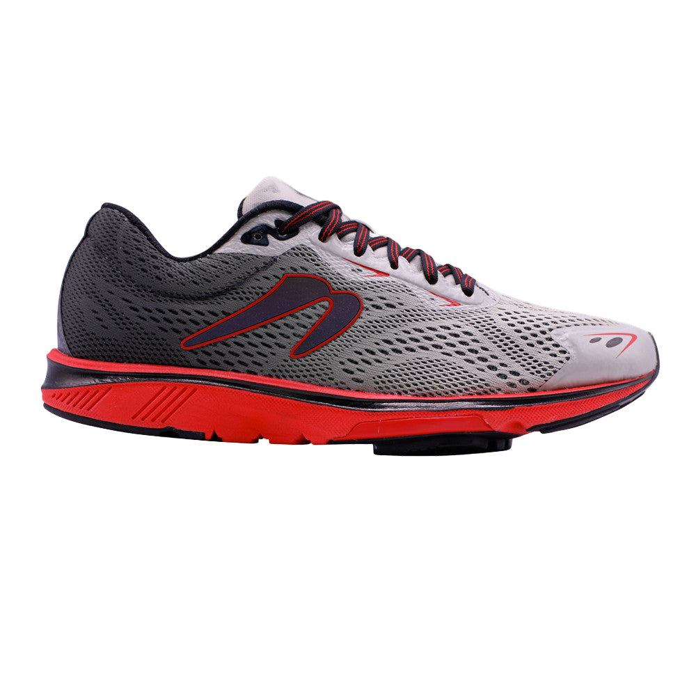 Side view on white background of Mens Newton Running Gravity 9 B running shoe in Grey/Red, Medium (Regular) width