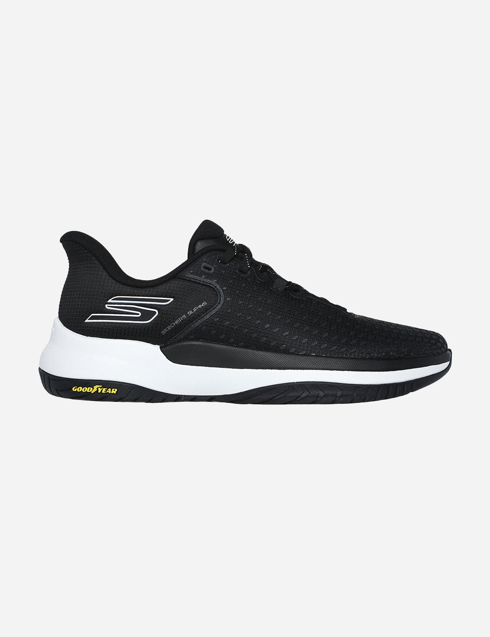 Side view on white background of Mens Skechers Viper Court Elite running shoe in Black/White, Medium (Regular) width