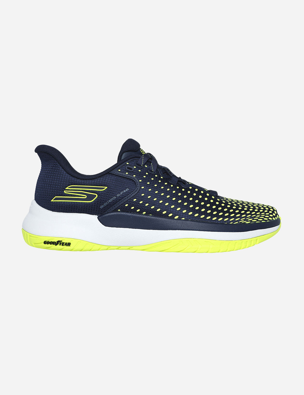 Side view on white background of Mens Skechers Viper Court Elite running shoe in Navy/Yellow, Medium (Regular) width