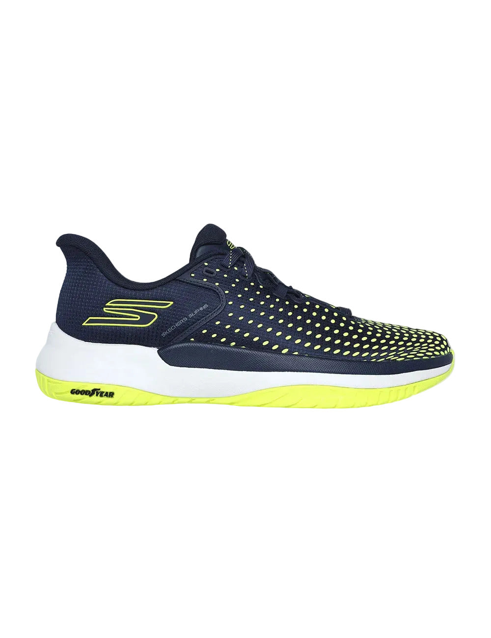 Side view on white background of Mens Skechers Viper Court Elite running shoe in Navy/Yellow, Medium (Regular) width