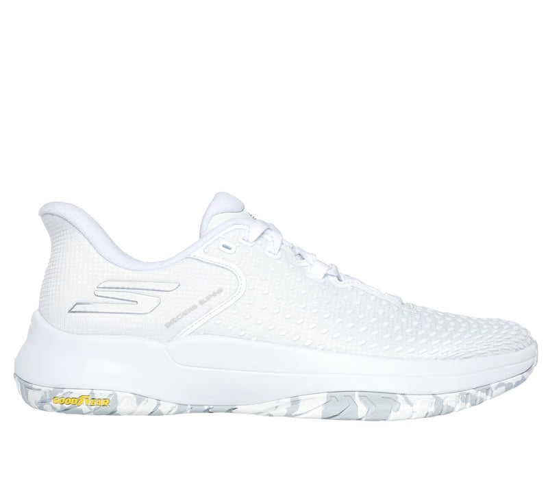 Side view on white background of Mens Skechers Viper Court Elite running shoe in White/Silver, Medium (Regular) width