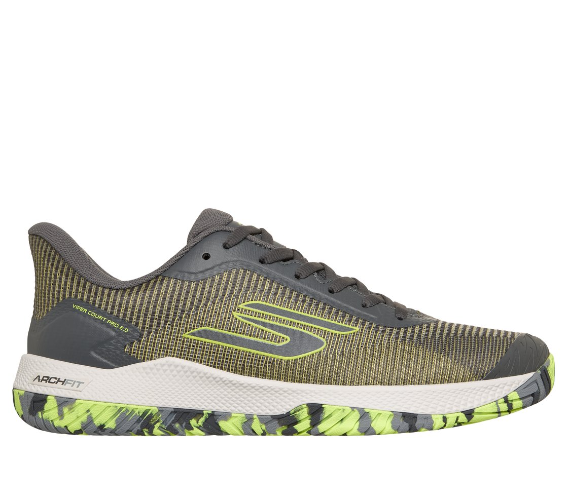 Side view on white background of Mens Skechers Viper Court Pro 2.0 running shoe in Gray/Yellow, Medium (Regular) width