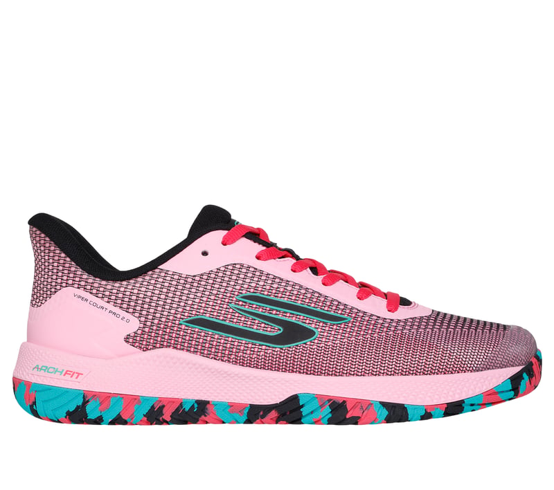 Side view on white background of Mens Skechers Viper Court Pro 2.0 running shoe in Pink/Black, Extra Wide width