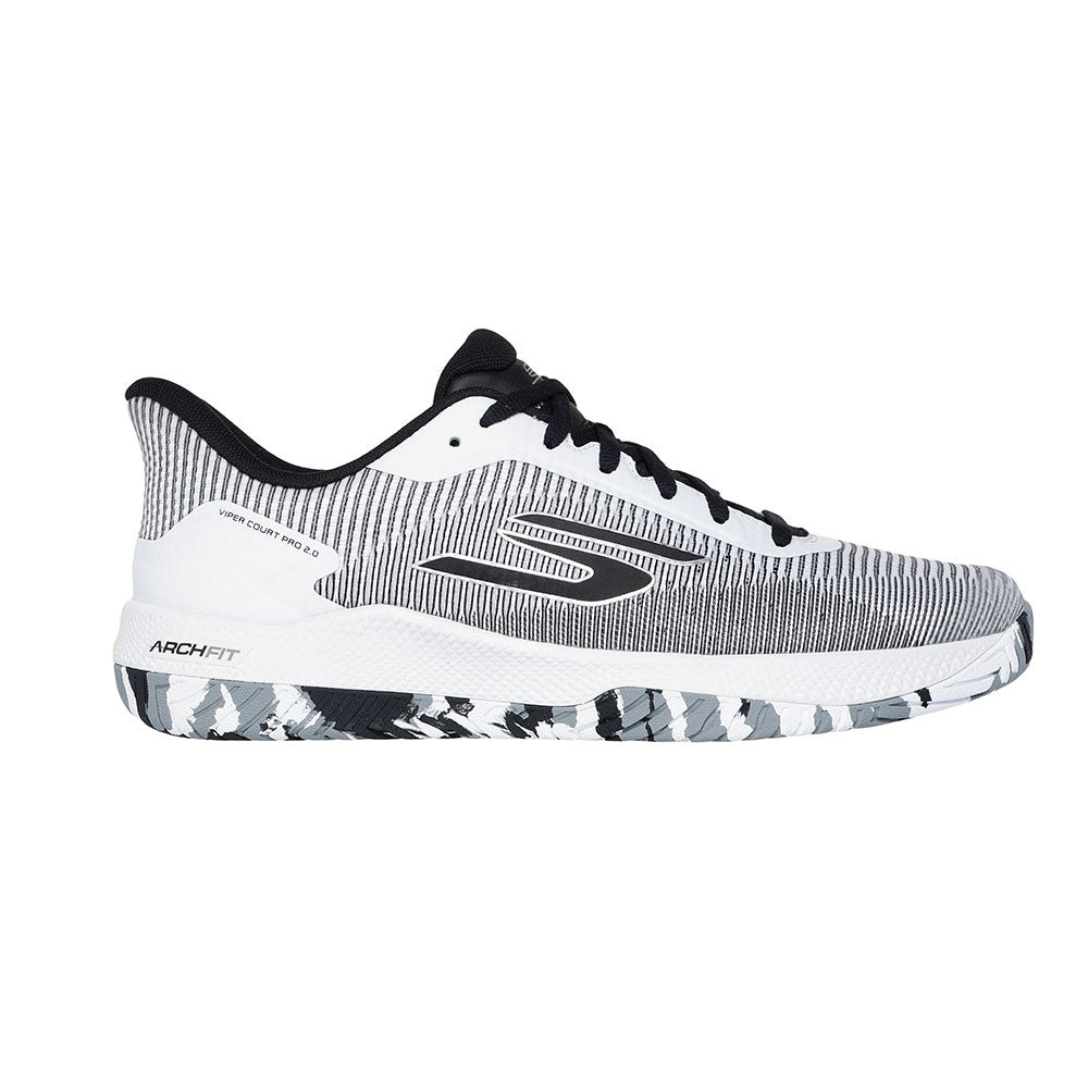 Side view on white background of Mens Skechers Viper Court Pro 2.0 running shoe in White/Black, Medium (Regular) width