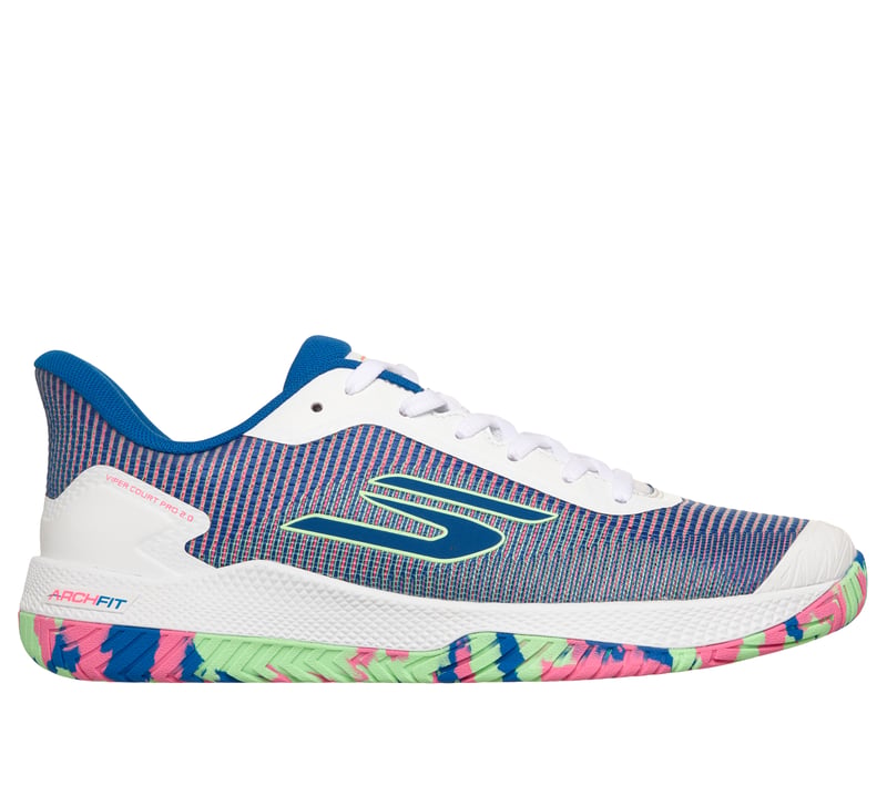 Side view on white background of Mens Skechers Viper Court Pro 2.0 running shoe in White/Blue/Pink, Medium (Regular) width