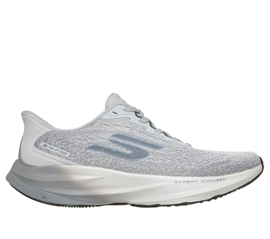 Side view on white background of Mens Skechers Slip-Ins: Aero Spark running shoe in Gray/Charcoal, Medium (Regular) width