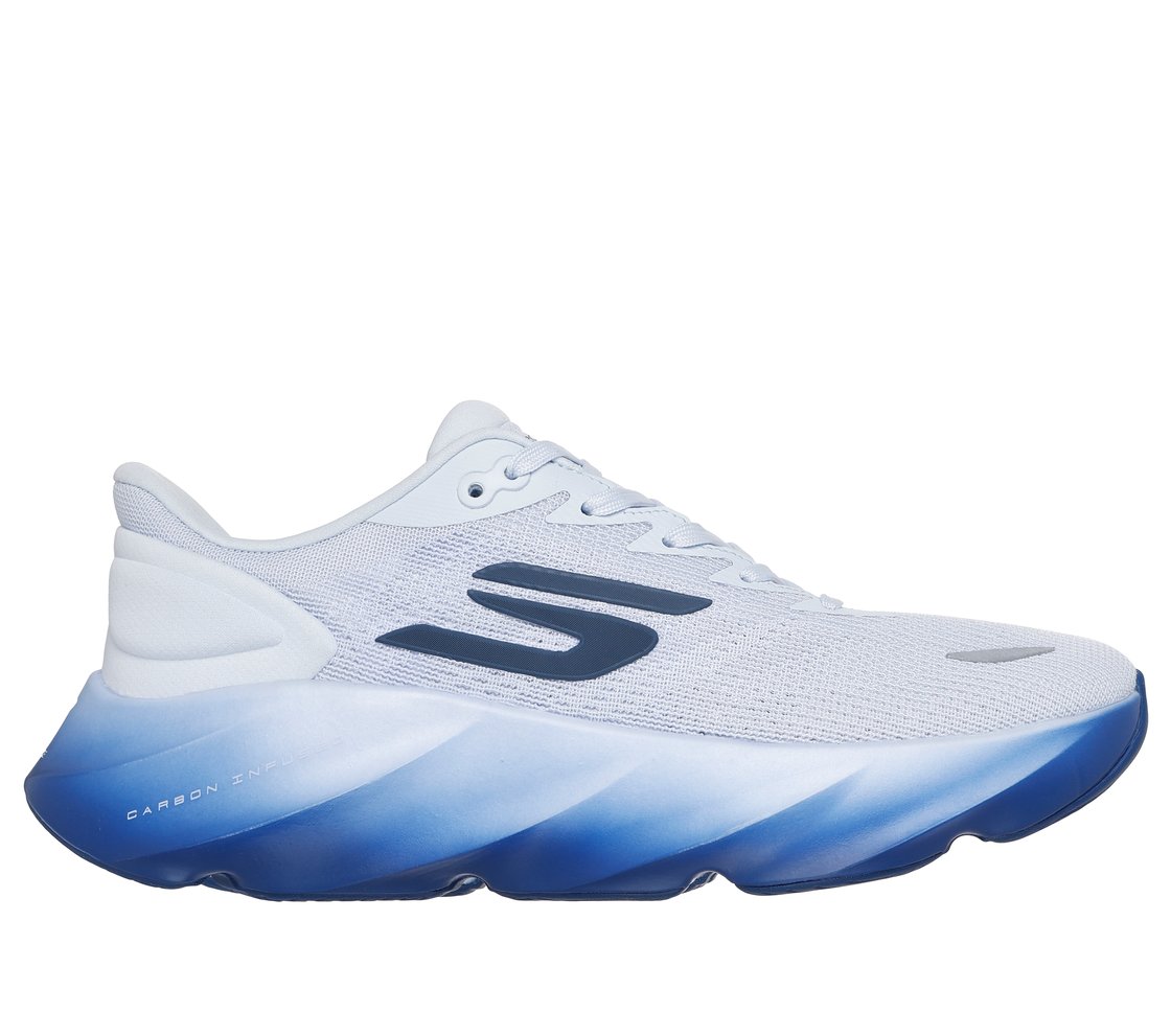 Side view on white background of Mens Skechers Aero Burst running shoe in Light Blue, Medium (Regular) width
