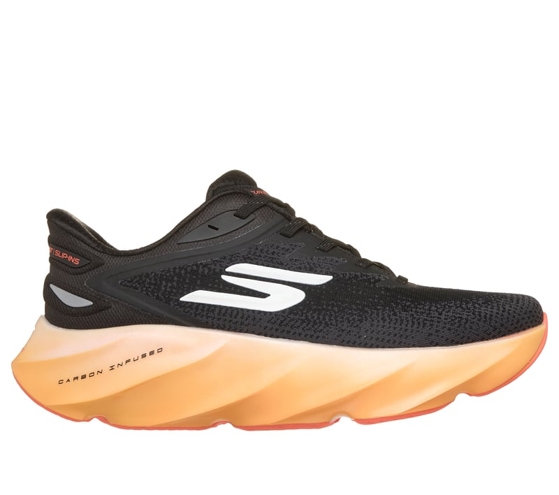 Side view on white background of Mens Skechers Aero Burst running shoe in Black/Orange, Medium (Regular) width