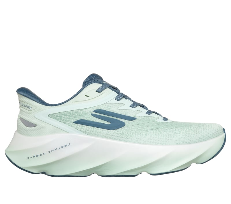 Side view on white background of Mens Skechers Aero Burst running shoe in Sage, Medium (Regular) width