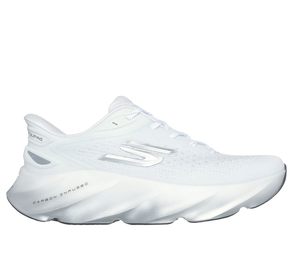 Side view on white background of Mens Skechers Aero Burst running shoe in White/Silver, Medium (Regular) width