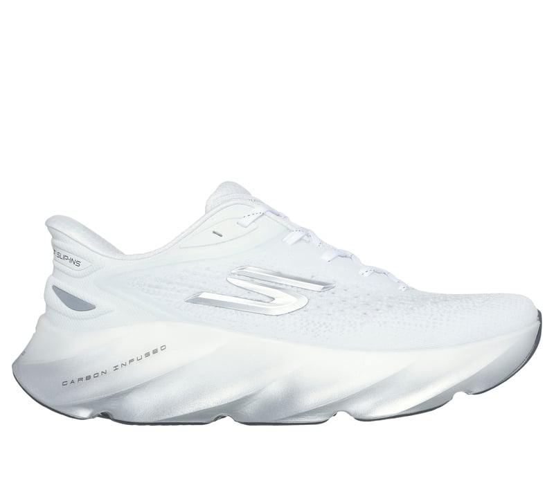 Side view on white background of Mens Skechers Slip-Ins: Aero Burst running shoe in White/Silver Metallic, Medium (Regular) width