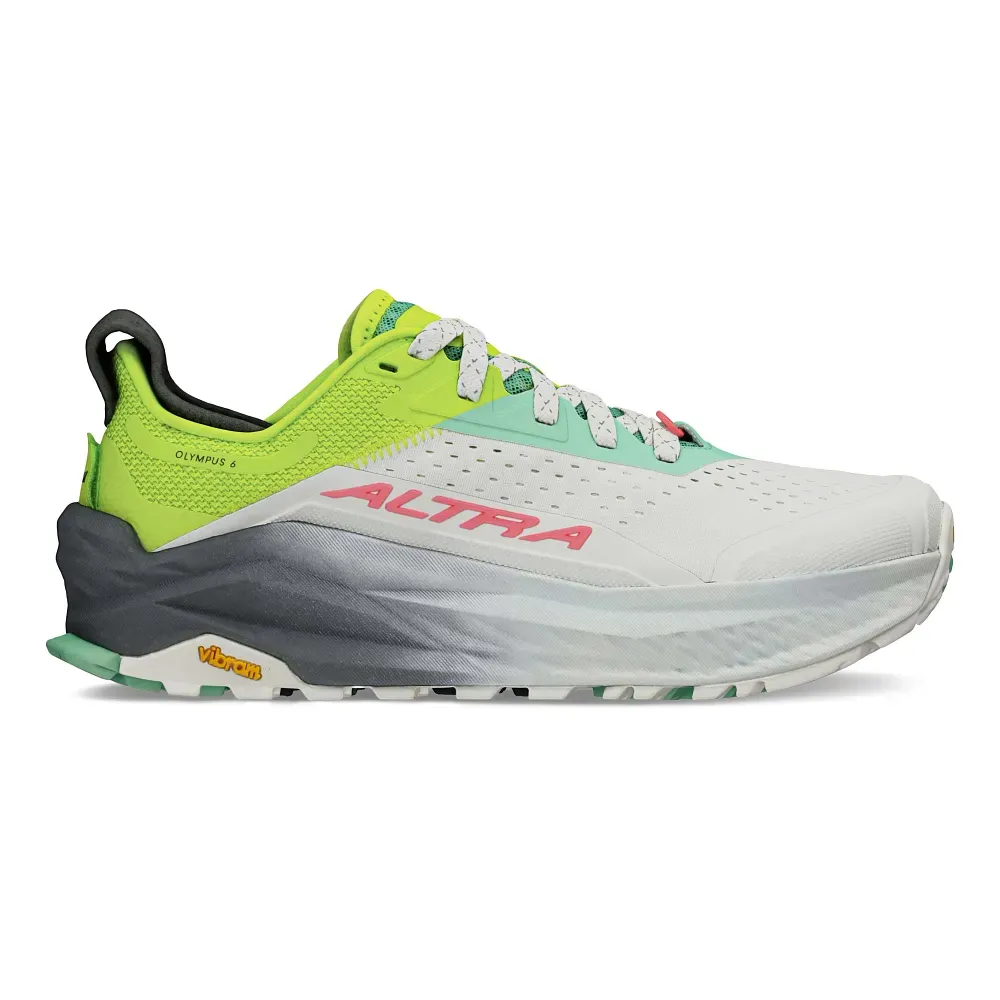 Side view on white background of Womens Altra Olympus 6 running shoe in Gray/Lime, Medium (Regular) width