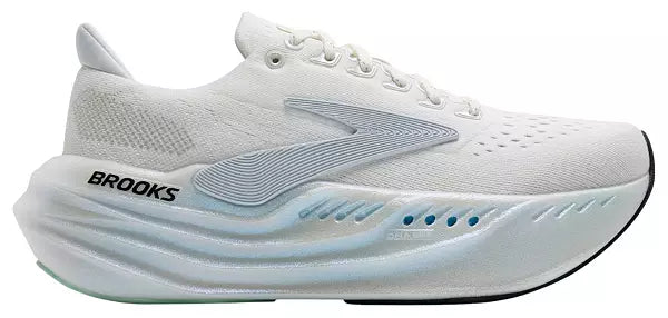 Side view on white background of Womens Brooks Glycerin Max running shoe in Pearlized White/Bay, Medium (Regular) width