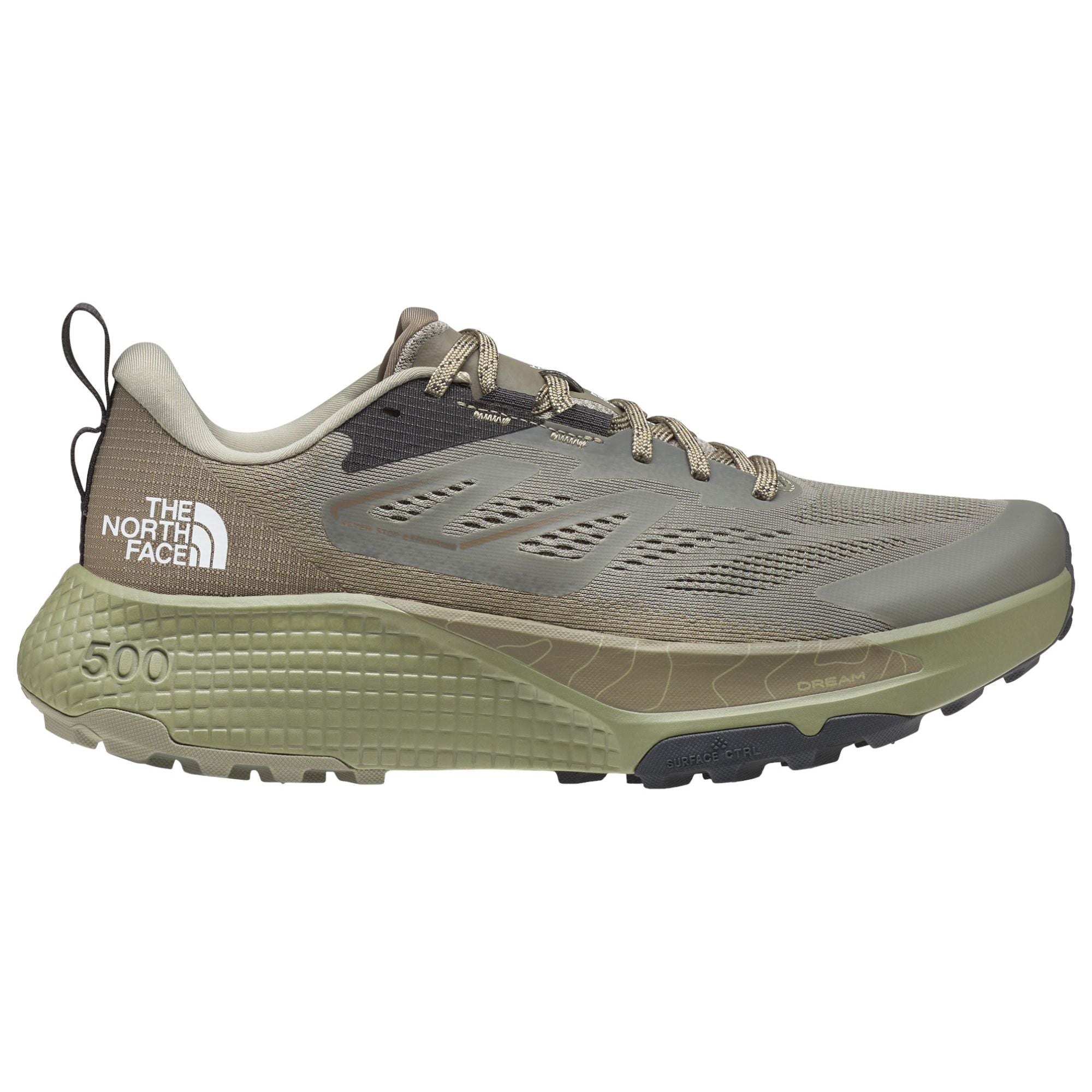 Side view on white background of Mens The North Face Altamesa 500 running shoe in Clay Grey/Cavern Grey, Medium (Regular) width