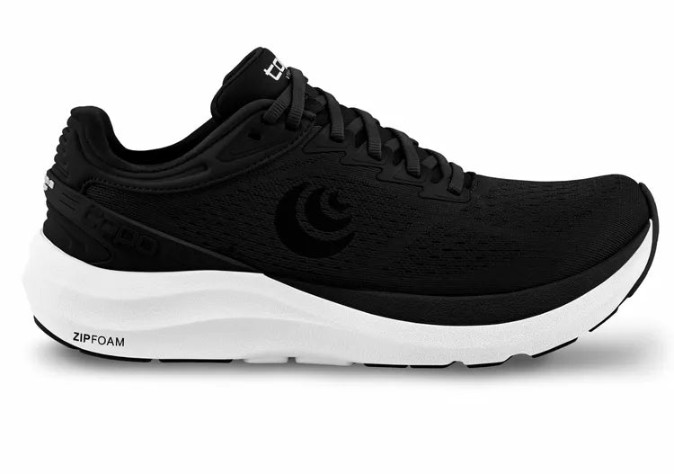 Side view on white background of Womens Topo Athletic Phantom 3 running shoe in Black/White, Medium (Regular) width