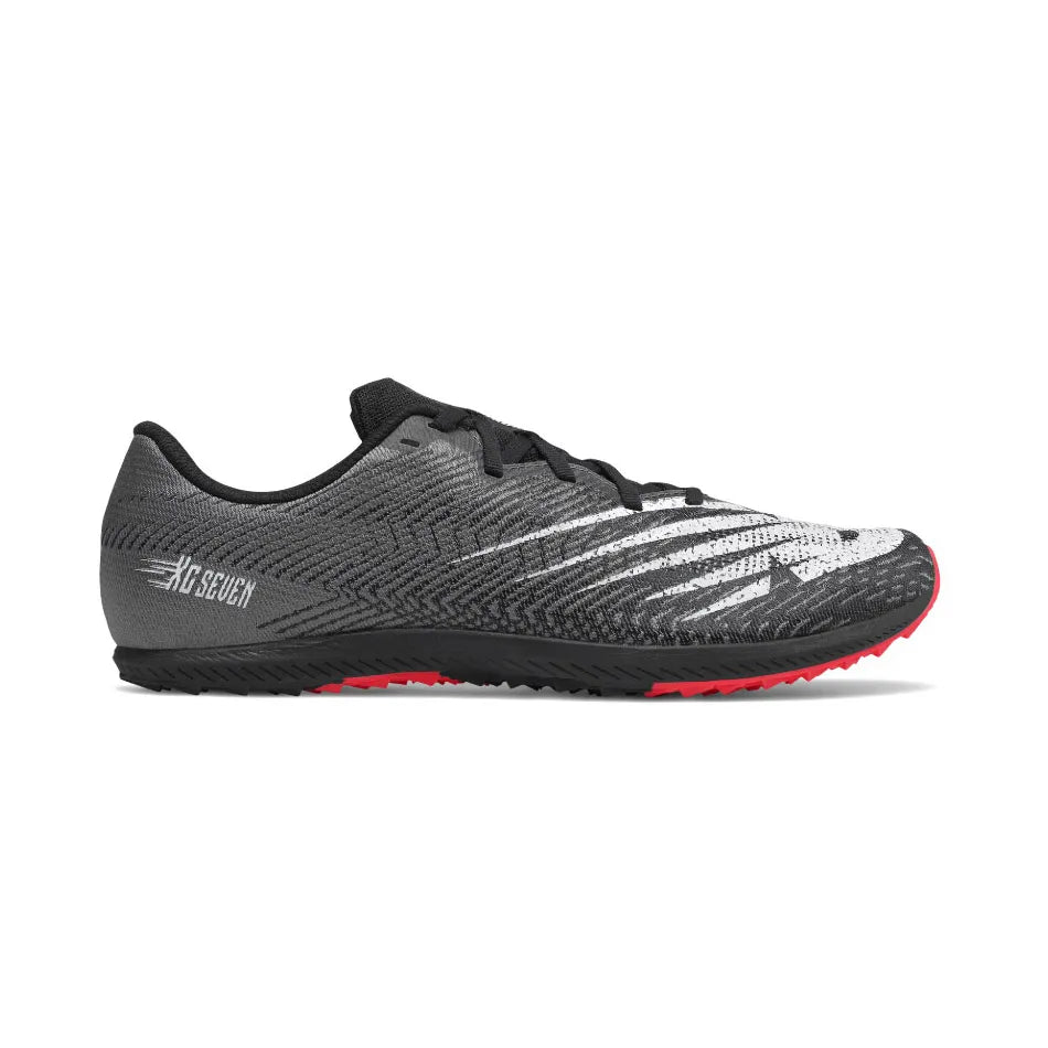 Side view on white background of Mens New Balance XC Seven V2 Spike running shoe in Black/White, Medium (Regular) width
