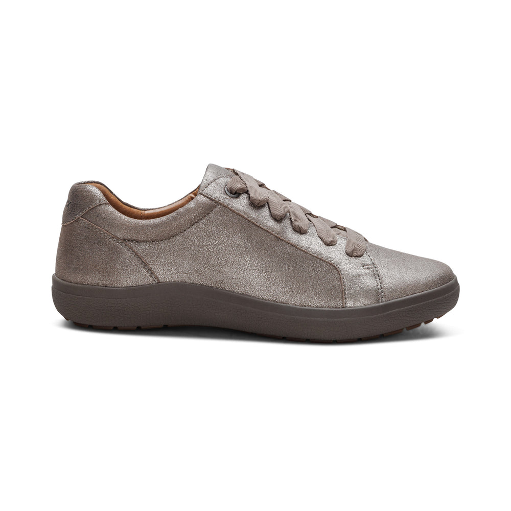Side view on white background of Womens Aetrex Courtney running shoe in Brushed Silver, Medium (Regular) width