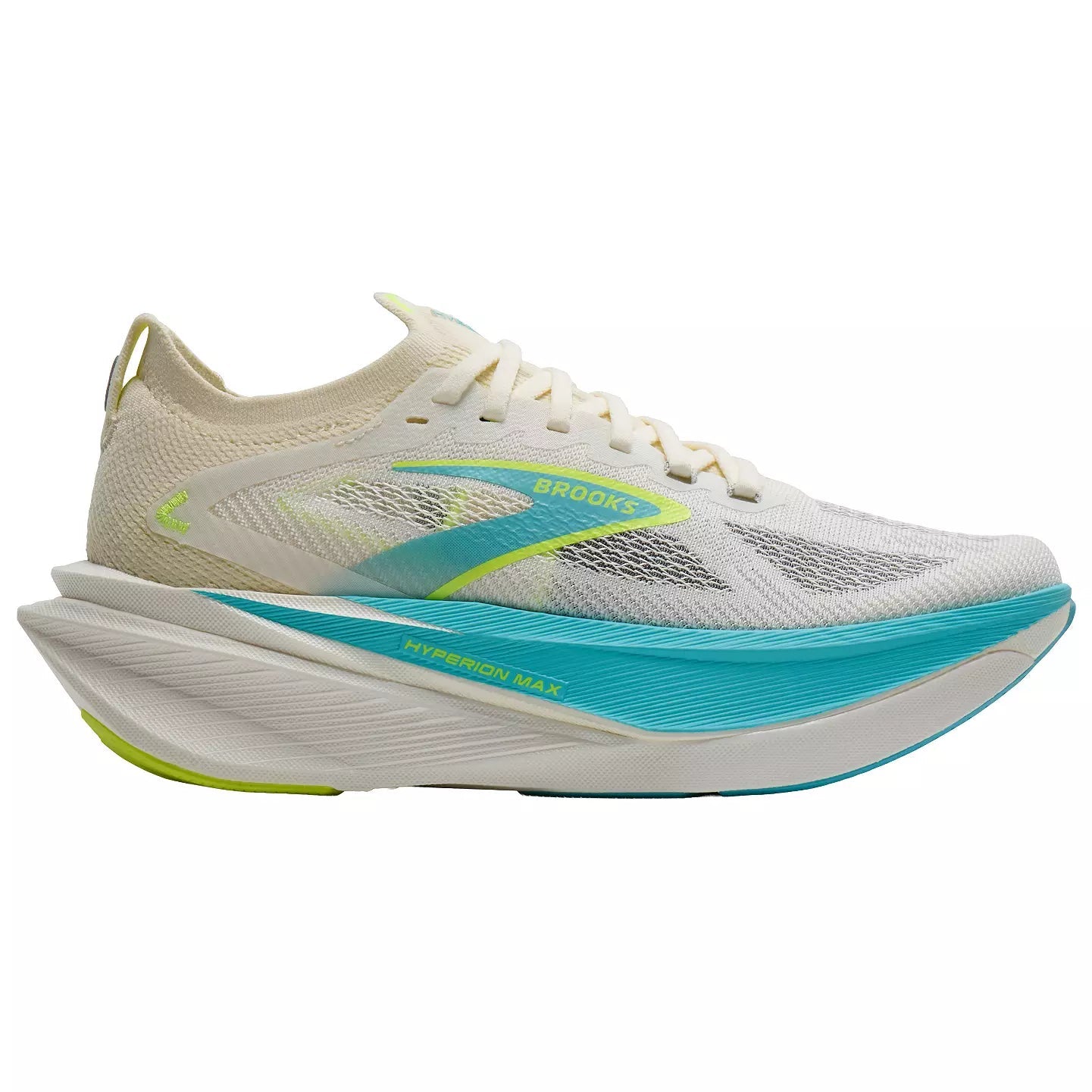 Side view on white background of Mens Brooks Hyperion Max 3 running shoe in Coconut/Ipanema/Nightlife, Medium (Regular) width