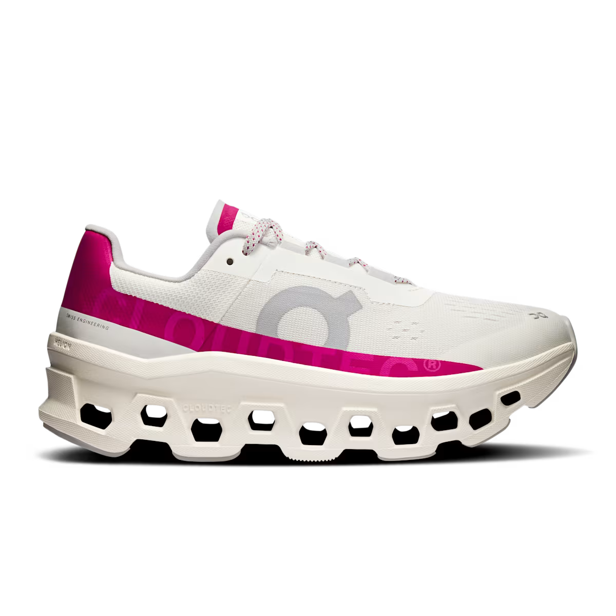 Side view on white background of Womens On Cloudmonster running shoe in Ivory/Grenadine, Medium (Regular) width