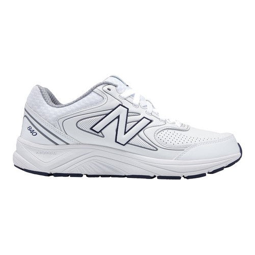 Side view on white background of Mens New Balance 840v2 running shoe in White/Navy, Wide width